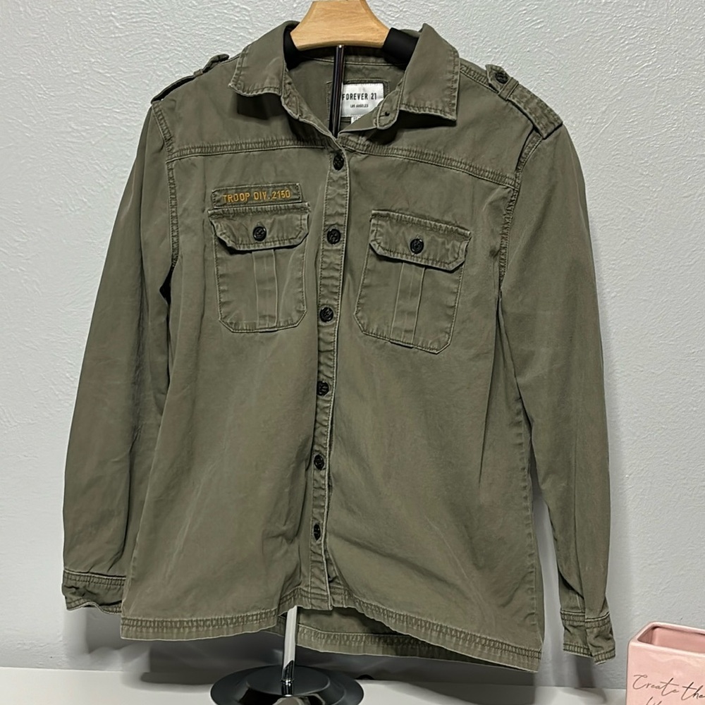 Forever 21 Olive Green Boy Scout Shirt Jacket Button Down Flap Pockets S…